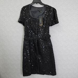 Donna Karan New York Size 14 Black Sequin Short Sleeve ButtonUp Belted Dress NWT